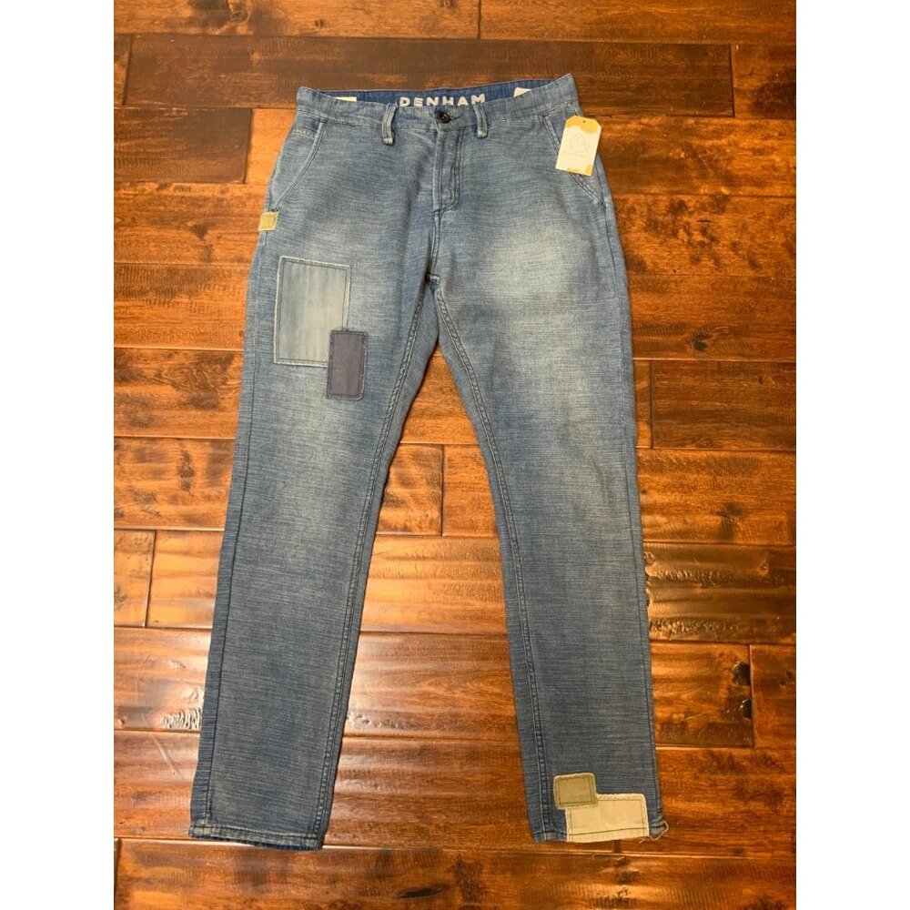 Denham Men's Tokyo Drop Carrot Fit Patched Blue Jeans, Size 30